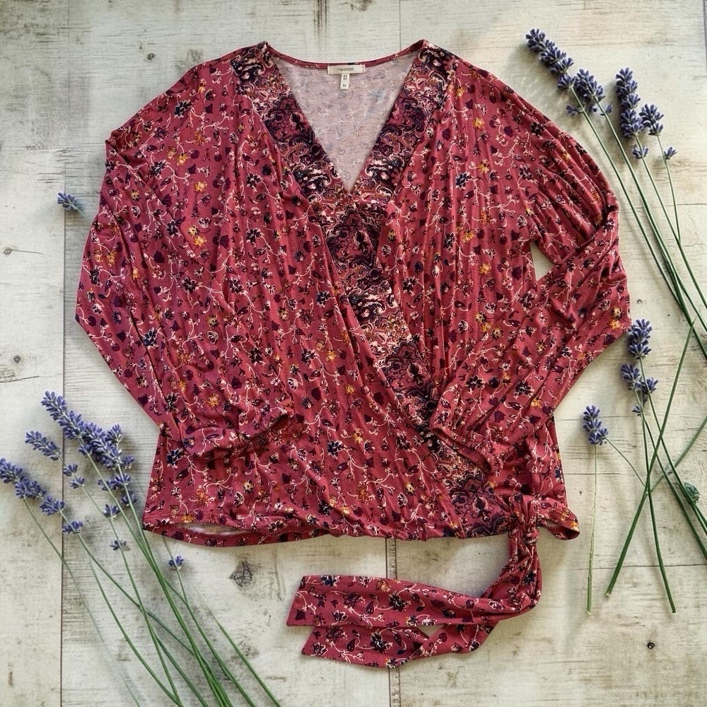 Maurices Floral Faux Wrap Front Tie Blouse Rose Pink Boho Long‎ Sleeve Womens M